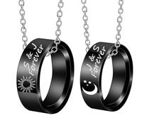 2 piezas personalizado sol/luna a juego par anillo collar con cadena, nombre personalizado/fecha/texto grabado bandas de San Valentín para parejas, su anillo y su anillo conjunto de regalos para