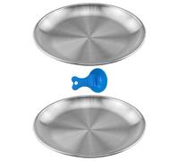 2 Piezas Planos Cuencos con Cuchara Grano,Vajilla Redonda Φ 14 cm, Vajilla Acero Inoxidable,Plata Comederos Gatos,Plato Barbacoa,Plato Carne,para Beber y Comer