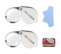 2 Piezas Plata Lupa de Bolsillo Metálica, 10x/30x Gran Aumento Lupa de Joyero, Óptica de Doble Capa Lupa Portátil con Estuche Paño de Limpieza, Versátil Lupa Plegable para Diamantes Sellos Monedas