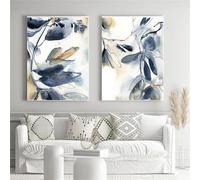 2 Piezas-Pósteres Abstractos de Hojas de Acuarela Azules Impresiones Pintura Imagen Arte de Pared Neutro Decoración Sala de Estar Dormitorio Cocina Oficina Habitación Obra de Arte-40*50cm (sin marco)