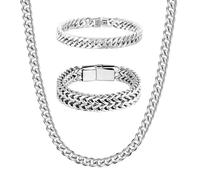 2 Piezas Pulsera de Eslabones Cubanos para Hombre19/21cm y 1 Collar Cuello de Cadenas Cubanas Hombres50cm Set, Collar Pulsera Hombre Acero Inoxidable Hip Hop, Regalos para Él, Papá, Novios (Plata)