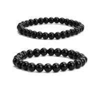 2 Piezas Pulsera de Obsidiana Negra Natural, 6/8 mm Triple Protección Obsidiana Turmalina Negra Hilo Elástica con Cuentas de Bolas para Mujer y Hombre Yoga y Regalos Pulsera de Piedras Naturales