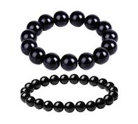 2 Piezas Pulsera Turmalina Negra Pulsera Unisex Lisa 10MM+6MM Gema Natural Yoga Pulsera Perla de Piedra Natural Sanación Pulsera
