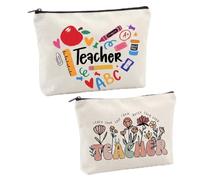 2 Piezas Regalo Profesora Infantil y Primaria, Neceser Maquillaje y Estuche para Maestra, Detalles Originales para Fin de Curso, Graduación y Navidad, Bolsa de Aseo y Lápices, 25x17x6cm
