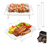 2 Piezas Rejilla para Freidora de Aire Acero Inoxidable, Rejilla de Doble Capa, Accesorios Airfryer Compatible con La Mayoría de Freidoras Dual Ninja Foodi AF300EU/AF400EU, Viene con 4 Brochetas