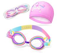 2 Piezas Set de Gorro de Natación para Niño Pequeño y Gafas de Natación Infantiles Ajustables Sombrero de Natación Elástico Gafas con Protección UV Antinieblas para Adolescente, 3-15 Años (Unicornio)