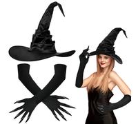 2 Piezas Sombrero de Bruja & Guantes de Halloween con Uñas Largas Set, Gorro de Bruja Plegable y 45CM Guantes Largos de Uñas, Accesorios de Brujas para Halloween, Carnaval, Cosplay, Mascarada