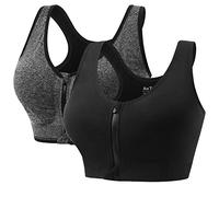 2 Piezas Sujetador Deportivo Mujer, Cremallera Delantera Cierre Alto Impacto sin Aros sin Costuras Sport Bra con Relleno (Negro Gris,XXL)