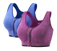 2 Piezas Sujetador Deportivo Mujer, Cremallera Delantera Cierre Alto Impacto sin Aros sin Costuras Sport Bra con Relleno (Azul Violeta,XXL)