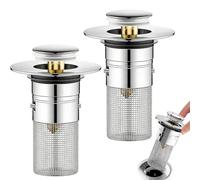 2 Piezas Tapon Lavabo, Valvula Lavabo, Desague Fregadero - Filtro De Desagüe Pop-Up para Fregadero, Carcasa Acero Inoxidable 304 & Núcleo Abs, Anti-Atascos y Anti-Olores