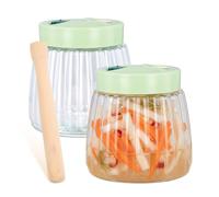 2 Piezas Tarros de Fermentación de Vidrio 1L, Fermentadora con Doble Válvula, Frascos de Fermentación con 2 Pesas de Fermentación, Machacador Manual de Madera para Fermentación, Kimchi, Chucrut