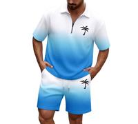 2 piezas traje de verano para hombre traje deportivo Waffle moda camiseta y pantalones cortos conjunto holgado ligero chándal hombres gran tamaño chándal corto de dos piezas traje casual, O Azul Claro