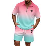 2 piezas traje de verano para hombre traje deportivo Waffle moda camiseta y pantalones cortos conjunto holgado ligero chándal hombres gran tamaño chándal corto de dos piezas traje casual, O rosa., L