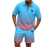 2 piezas traje de verano para hombre traje deportivo Waffle moda camiseta y pantalones cortos conjunto holgado ligero chándal hombres gran tamaño chándal corto de dos piezas traje casual, O Sky Blue