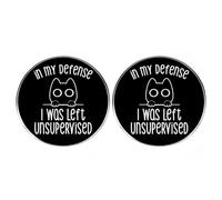 2 pines de solapa con texto en inglés "In My Defense I was Left Unsupervised", dibujos animados humorísticos In My Defense Cat de aleación, accesorios para hombre y mujer, mochila y sombrero, 3cm(1.2