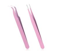 2 pinzas curvadas romas de acero inoxidable rosa para pegatinas, pinzas para hacer rizos de pestañas, pinzas de punta recta y pequeña para extensiones de pestañas, herramientas de diario