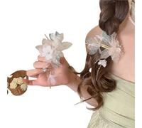 2 pinzas for el cabello con borlas de hojas y flores tela for mujer, chica Mori, Clip lateral acrílico cristal, cadena larga perlas imitación, tocados(B)