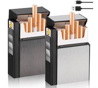 2 pitilleros con encendedor electrónico de aluminio, 2 en 1, recargables, pitillera de aluminio con mechero, puede contener 20 compartimentos (negro y plateado)