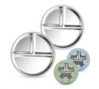 2 platos de acero inoxidable con ventosa con base de succión azul/verde | Compartimentos de acero inoxidable con borde de silicona, plato antideslizante para uso diario en el hogar