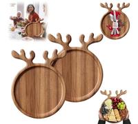2 platos de Navidad para servir - Plato de servir de Navidad con mango de cuernos/renos, bandeja de madera de Navidad, plato de comida de madera, plato de frutas, tabla decorativa de charcutería para