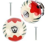 2 Pomos para Armarios, Cajones y Mueble, Tiradores de Cajones, Diferentes Modelos y Colores Fabricado en Europa, con un Solo Agujero Tornillos Incluido - Porcelana Flor Rojo 40mm x 30 mm