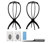 2 portarpelucas, 2 redes para el cabello, 1 peine de cola afilada, 1 película para pelucas, soporte portátil plegable y desmontable de plástico (negro), adecuado para uso diario, salida