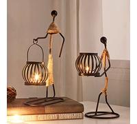 2 portavelas de metal para mesas, portavelas retro de hierro negro, candelabro vintage con forma de niña pequeña con cuerda de cáñamo, decorativo para sala de estar, San Valentín, Navidad (A+E)
