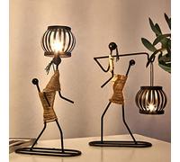2 portavelas de metal para mesas, portavelas retro de hierro negro, candelabro vintage con forma de niña pequeña con cuerda de cáñamo, decorativo para sala de estar, San Valentín, Navidad (B+C)