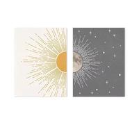 2 pósteres de arte mural bohemio con sol, luna y estrellas, lienzo blanco y gris con motivos celestiales, arte mural moderno de mediados de siglo (70x100cm/28x29in) x2 Sin marco
