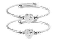 2 pulseras de corazón para mujer, letra A-Z ajustables, joyería personalizada de acero inoxidable, regalo de cumpleaños para el día de la madre, T, Sin piedra preciosa
