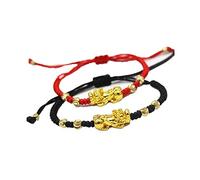 2 pulseras de cuerda roja Pi Xiu China, Feng Shui, Pi Xiu, Cabalá, pulsera de cuerda roja, cuentas doradas, hechas a mano, amuleto para hombres y mujeres, buena suerte, riqueza, protección contra el