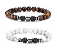 2 Pulseras para Hombre de Aleación, Pulsera de Cuentas con Diseño de Ojo de Tigre y Lava Extensible, 8 mm, Color Marrón y Blanco