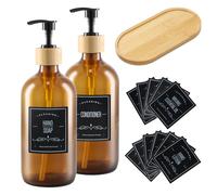 2 Pz Dispensadores de Jabón de Vidrio Ámbar, 500ml/17oz Dispensadores de Loción Rellenables, Botellas de Bomba de Prensa Vacías, Dosificador de Gel y Champú para Ducha con Bandeja de Madera y Etiqueta
