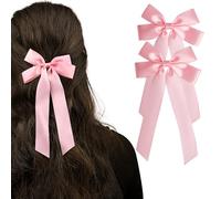 2 Pz Fiocchi Rosa per Capelli, Nastro per Capelli con Lunga Coda, Fiocchi di Seta Satinata, Carine Mollette per Capelli con Accessori a Fiocco per Donne, Ragazze, Bambini