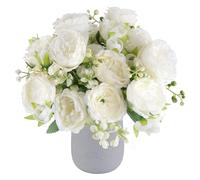 2 Ramos de Peonías Artificiales Decorativas Flores Artificiales Peonías Falsas Blancas con Verdes para Decoración Jarrón Boda Fiesta Mesa Hogar Regalos (blanco 10 flores grandes y 8 pequeñas)