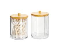 2 recipientes para bastoncillos de algodón y dispensador de almohadillas de algodón con tapa de bambú, organizador de maquillaje, caja transparente para varillas de oído, almohadillas de algodón, púas