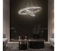 2 Rings Crystal Chandelier Circle LED Pendant Light Suspended Adjustable Hanging Lamp For Living Room Bedroom Dining Room,Cool White-20+40cm 30W