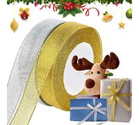 2 Rollos Cinta Navideña para Envolver Regalos, Cinta Navideña de Organza para Manualidades, Cintas Navideñas Anchas Doradas y Plateadas para Navidad árbol Coronas Tartas Lazos Decor (2cm, 50yardas)