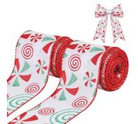 2 Rollos Cintas Navideñas con Cable, 6,3cm de Ancho Cinta de Navidad de Caramelo de Menta Decorativa Cinta para Arbol de Navidad Manualidades Coronas Pajarita Envolver Regalos (Fondo Blanco)