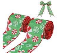 2 Rollos Cintas Navideñas con Cable, 6,3cm de Ancho Cinta de Navidad de Caramelo de Menta Decorativa Cinta para Arbol de Navidad Manualidades Coronas Pajarita Envolver Regalos (Fondo Verde)