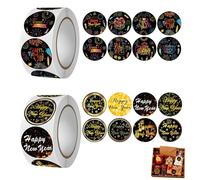 2 rollos de 1000 pegatinas redondas de Año Nuevo con sello dorado, 16 diseños variados para felicitaciones y decoración, adhesivas, 2,5 cm de diámetro, ideales para sobres, tarjetas y regalos