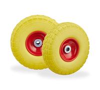 2 Ruedas de Carro, Antipinchazos, Macizas, 4.10/3.50-4", Eje de 16 mm, hasta 150 kg, 26 x 8,5 cm, Amarillo y Rojo