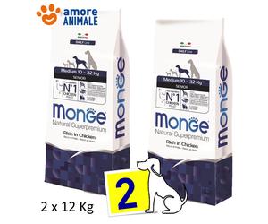 2 Sacos - Monge Medio Mayor Rico de Pollo 12KG para Perros Adultos Corte Mediano