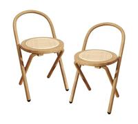 2 Sillas Plegables de Comedor con Asiento de Ratán Tejido y Taburete de Madera para Cocina, Sala de Estar y Balcón(Natural)