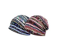 2 sombreros con patrón geométrico, turbante a prueba de viento de doble uso, para mujer, envoltura de sombreros holgados, estilo étnico, gorro de algodón elástico, multicolor, M-L