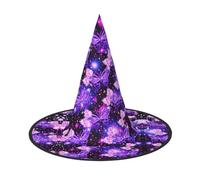 2 sombreros de bruja de Halloween con bonito estampado de mariposa púrpura para mujer, ala ancha, plegable, puntiaguda para fiesta de Halloween
