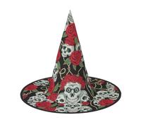 2 sombreros de bruja de Halloween con calavera y rosa roja para mujer, ala ancha, plegable, puntiaguda, para fiesta de Halloween