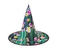2 sombreros de bruja de Halloween con diseño de cactus florecientes para mujer, ala ancha, plegable, puntiaguda, para fiesta de Halloween