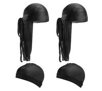 2 sombreros Durag y 2 sombreros redondos, sombrero de seda de seda durag de satén, bandana pirata, tocado elástico de seda para dormir (negro)