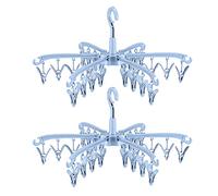 2 soportes de calcetines plegables de 24 clips, soportes de secado giratorios, soportes de secado portátiles, perchas multifuncionales, secado interior y exterior, soportes de plástico azul cielo